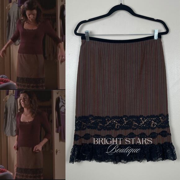 Rare Brown Stripe Lace Trim Pencil Skirt ASO Lorelai Gilmore Girls Vintage Y2K - Picture 3 of 10